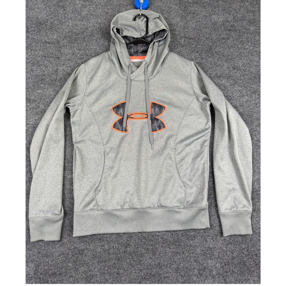 Under Armour Mens ColdGear Storm Hoodie Grey Orange‎ Logo Sweatshirt Medium